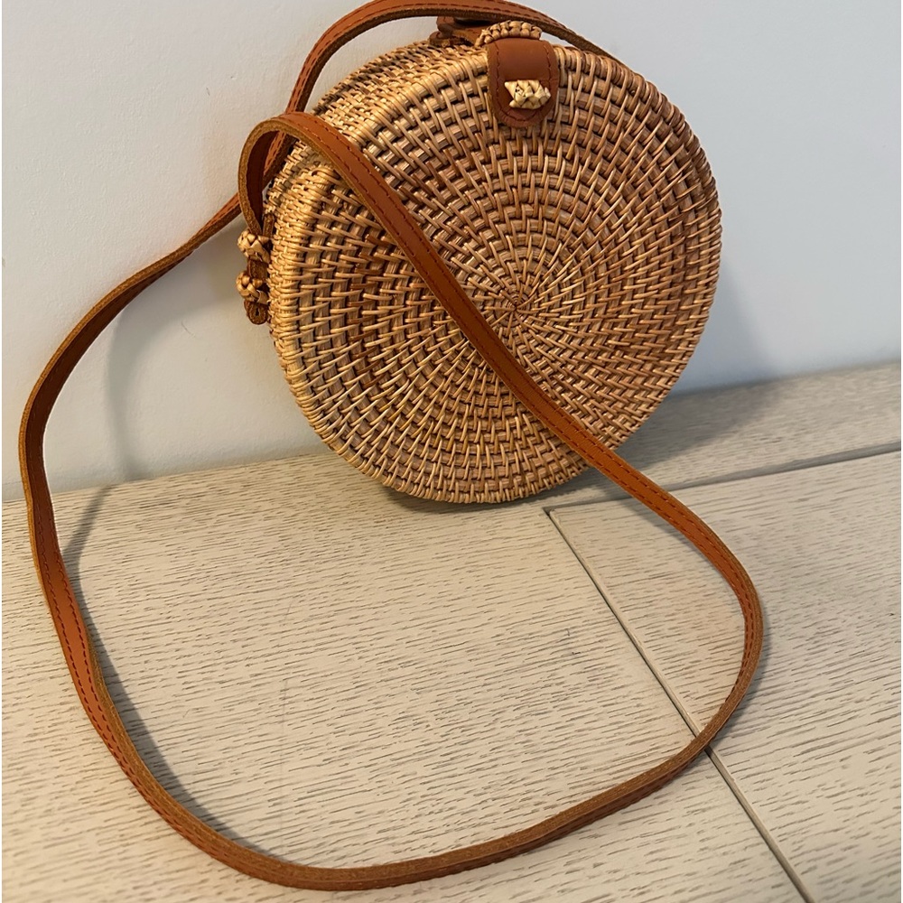 Round Woven Tan Crossbody Bag